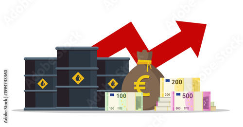 Growing oil price with red arrow. High oil price. Inflation of crude barrel. Euro banknotes and oil barrel. Vector stock