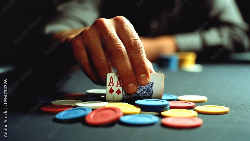 Fototapeta premium Hand Reaches for Cards and Chips in a Dramatic Poker Scene