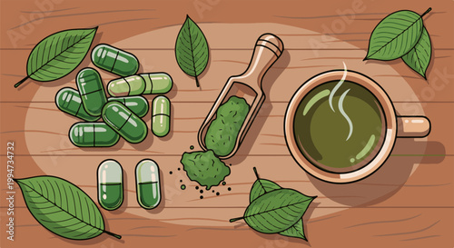 Natural remedy green leaf capsules, powder, and steaming cup on wood