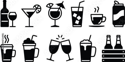 Beverages or drinks icon set, containing bottle, wine glass, coconut, mineral water, tea, coffee, beer, soda can, juice, cup and cocktail, vector illustration for menu design, bar signage and beverage