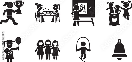 Black vector icons of children in various educational and celebratory activities isolated on transparent background