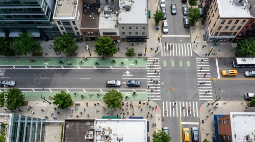 Aerial View of a Bustling City Intersection with Bike Lanes and Pedestrians in a Vibrant Urban Setting