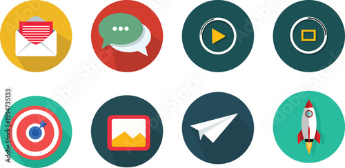 Colorful icon set communication media and technology visual representation