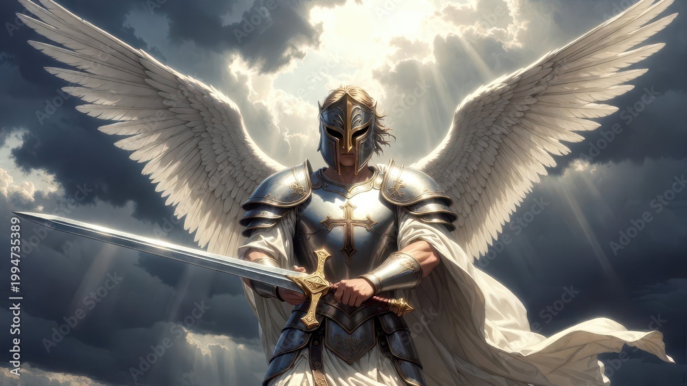 Obraz premium Angelic Warrior with Sword and Armor Against Dramatic Sky Background