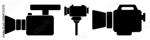 Video camera set with solid black icon on white background featuring icon, design, illustration with technology and media