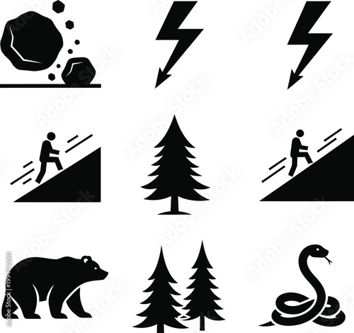 Black and white wilderness including animals and natural bear snake trees