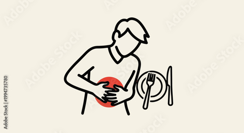 Person holding stomach in pain near plate and cutlery