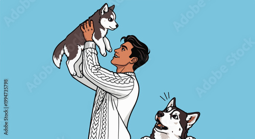 Person in a cable knit sweater holds a husky pup aloft; another husky watches