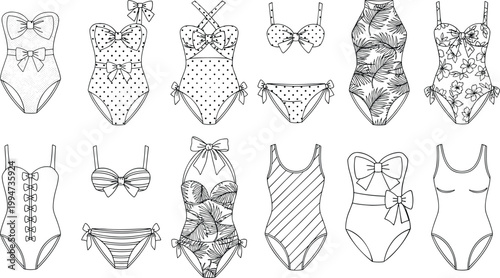 Set of fashionable women's swimwear featuring various styles, patterns, and designs including one-piece, bikini, halter, and floral prints.