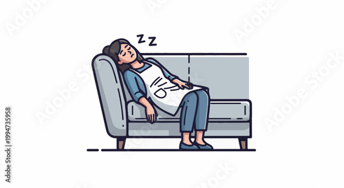 Person in apron resting on couch with 'ZZZ' overhead
