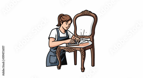 Person meticulously working on an ornate chair, restoring its fabric and structure