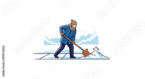 Person in warm clothing shoveling snow on a sidewalk
