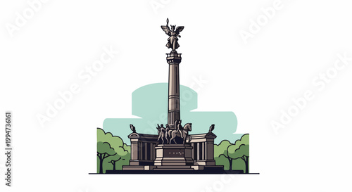 Monument with angel figure, equestrian statues, and trees in a park