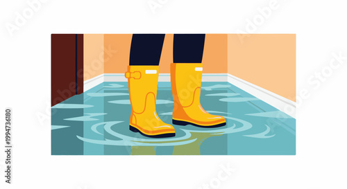 Person in yellow boots standing in flooded room
