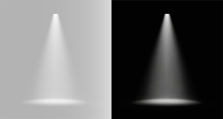 Spotlight illumination with single vertical white beam and soft realistic studio light effect with oval floor reflection and glowing halo for product presentation or exhibition gallery showcase png