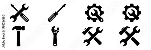 Set of black tool icons for repair and settings, including wrench, hammer, and screwdriver vector illustration