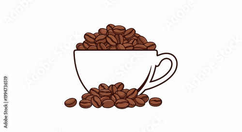 Overflowing white cup filled with brown coffee beans, spilling onto a pile below