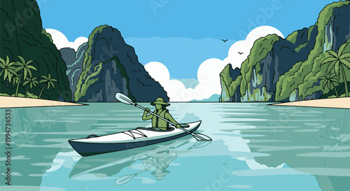 Person in a kayak navigates calm, tropical waters between lush, rocky islands under a blue sky