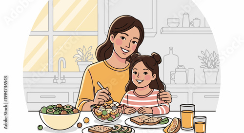 Mother and daughter preparing a healthy meal together in a bright kitchen setting