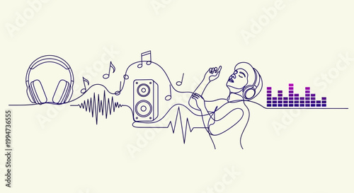 Woman listening to music on headphones.