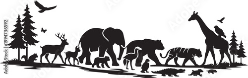 silhouette of biodiversity animals parading forest path