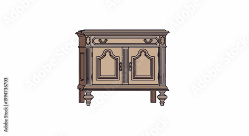 Ornate wooden cabinet with a drawer and two doors, featuring decorative trim and turned legs