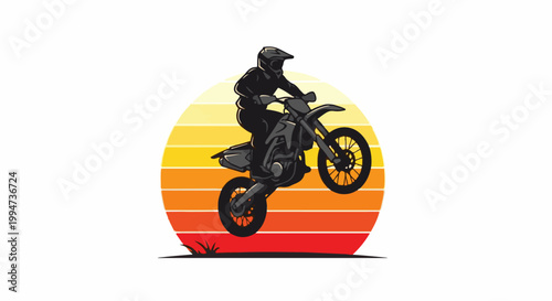 Motocross rider performs a wheelie against a retro striped sunset