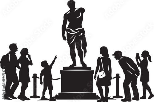 silhouette of museum visitors admiring ancient statue pedestal