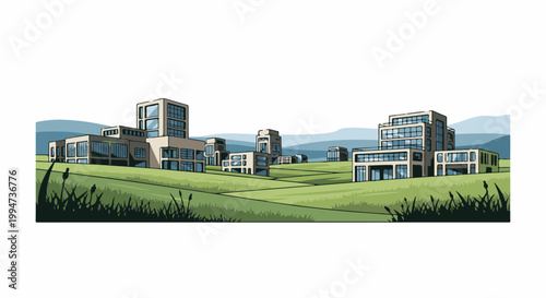 Modern architectural buildings are scattered across a green, hilly landscape under a pale sky
