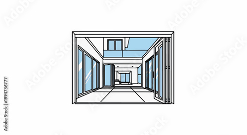 Modern architectural drawing of a spacious interior with glass walls and doors