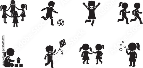 Black silhouette icons of children playing together outdoors with various activities