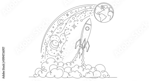 Rocket Ship Blasting Off Into Space.