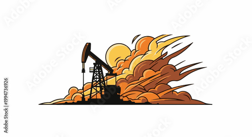 Oil pump jack amidst stylized, fiery, erupting smoke and a bright sun