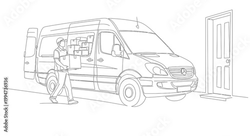 Man standing beside delivery van.