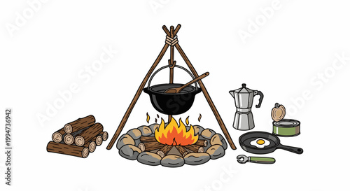 Outdoor cooking scene with a campfire, tripod, pot, pan with egg, coffee maker, and canned food