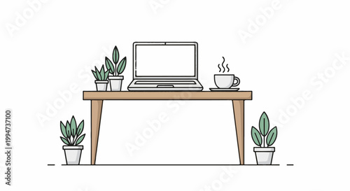 Minimalist desk setup with plants and coffee