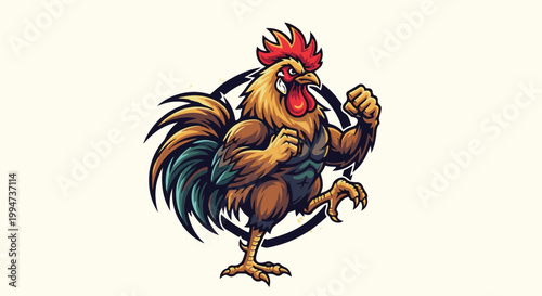 Muscular cartoon rooster stands ready to fight, with clenched fists and determined expression, against a light background
