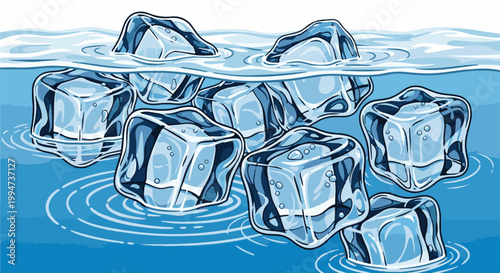 Many translucent ice cubes bobbing in clear blue water with ripple rings