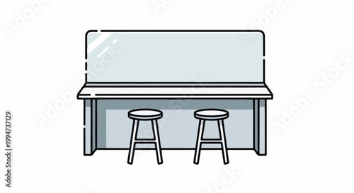 Minimalist drawing of a counter with two stools and a reflective panel behind it