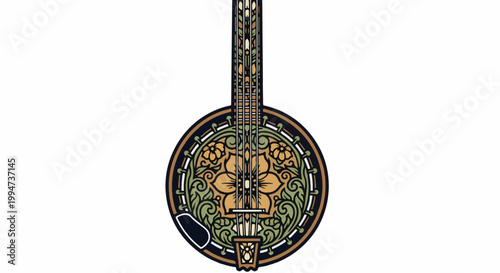 Ornate banjo with floral patterns in green, gold, and dark blue hues