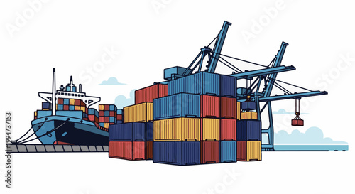 Large cargo ship and cranes loading containers at a busy port