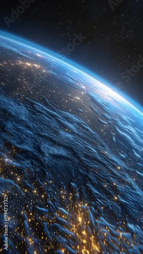 The curved horizon of Earth glows with city lights against a starry night sky.