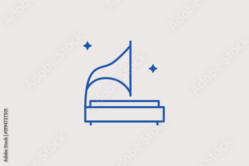 Gramophone line icon for vintage audio playback and music history. Nostalgic illustration for antique shop branding and record collector blogs.