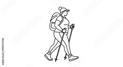 Woman Hiker with Backpack and Trekking Poles Walking Outdoors.