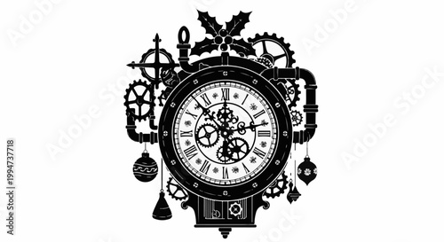 Intricate steampunk clock with gears, pipes, and festive ornaments