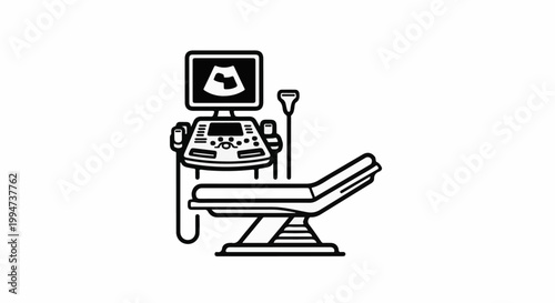 Medical ultrasound machine with examination table and screen displaying a fetal image