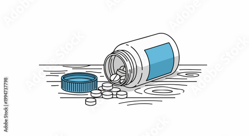 Open container of pills and loose tablets spilled on a wooden surface