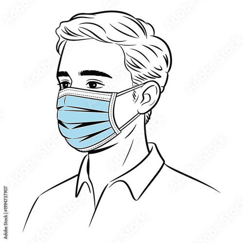 Illustration of man wearing protective surgical face mask for virus prevention health safety measures in urban environment setting.