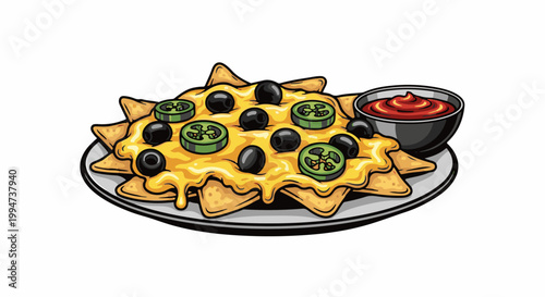 Melted cheese nachos adorned with black olives and jalapeño slices, served with a side of salsa