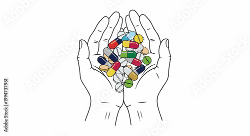Open hands cradling a colorful assortment of various medicinal pills and capsules